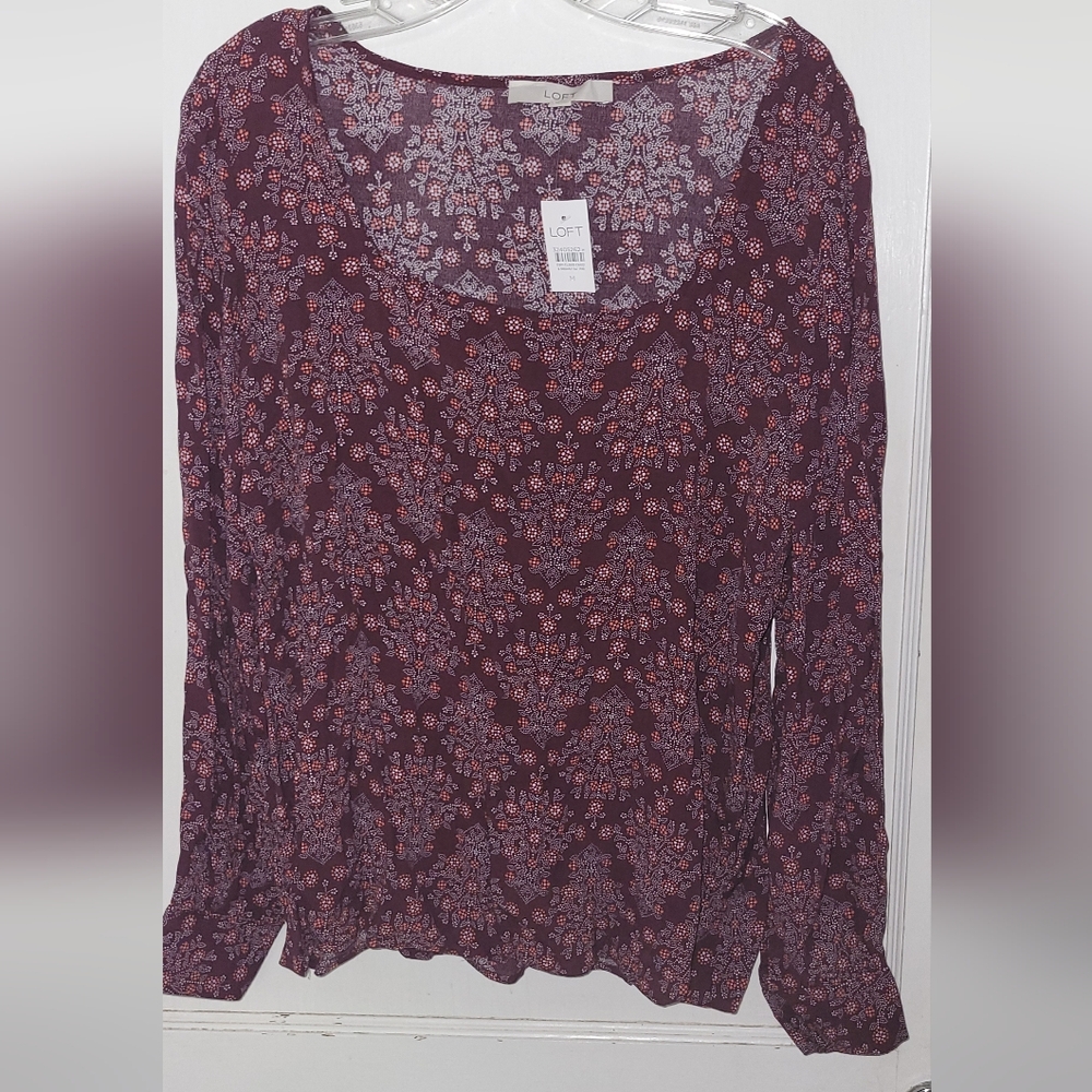 Loft Red Patterned Long Sleeve Blouse Size M
